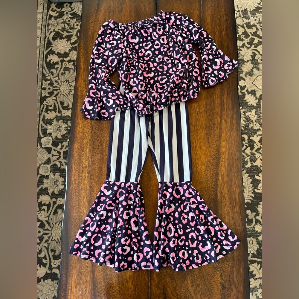 Pink and Black Leopard Print Bell Bottom Outfit
